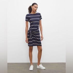 Club Monaco XS Navy White tan Striped Twansia Dress Tie Wrap Short Sleeve Crew